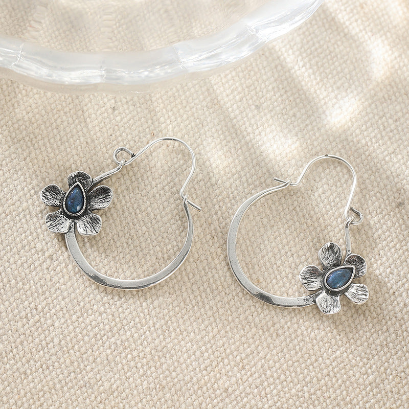 Vintage Boho Flower Hoop Earrings with Blue Stone