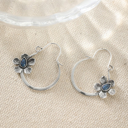 Vintage Boho Flower Hoop Earrings with Blue Stone