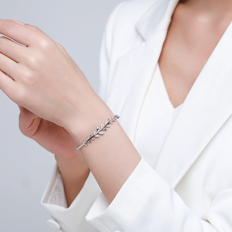 S925 Silver Bracelet Female Leaf Oval Open-ended Bracelet