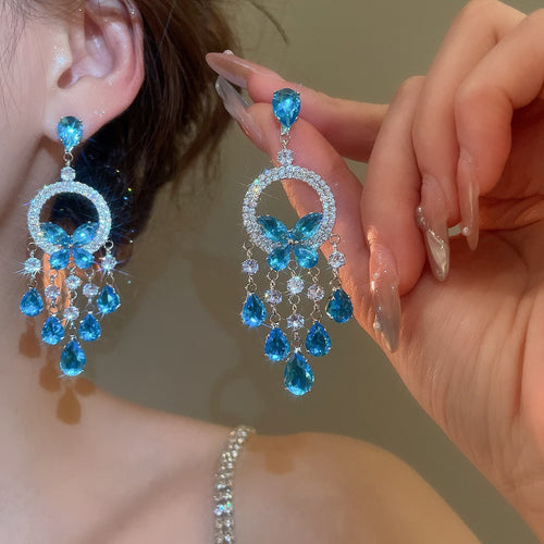 Zircon Round Butterfly Tassel Earrings