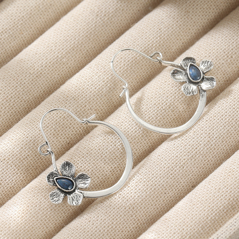 Vintage Boho Flower Hoop Earrings with Blue Stone