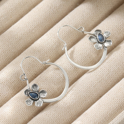 Vintage Boho Flower Hoop Earrings with Blue Stone