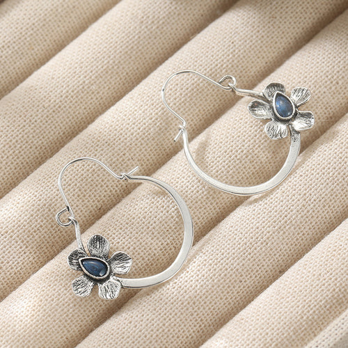 Vintage Boho Flower Hoop Earrings with Blue Stone