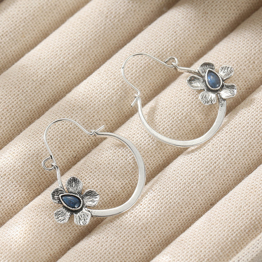 Vintage Boho Flower Hoop Earrings with Blue Stone