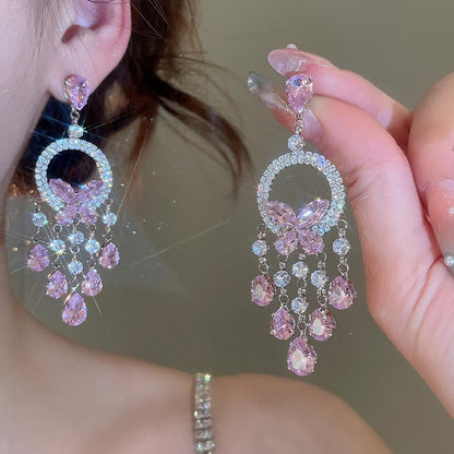 Zircon Round Butterfly Tassel Earrings