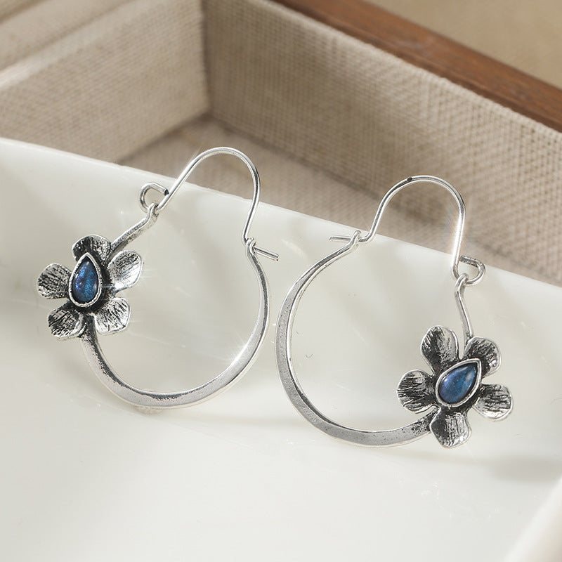 Vintage Boho Flower Hoop Earrings with Blue Stone