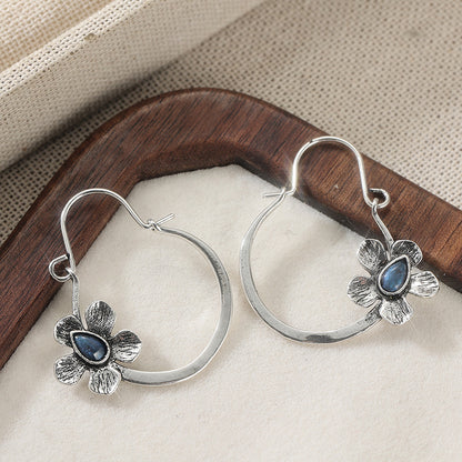 Vintage Boho Flower Hoop Earrings with Blue Stone