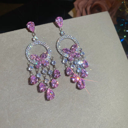 Zircon Round Butterfly Tassel Earrings