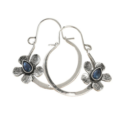 Vintage Boho Flower Hoop Earrings with Blue Stone
