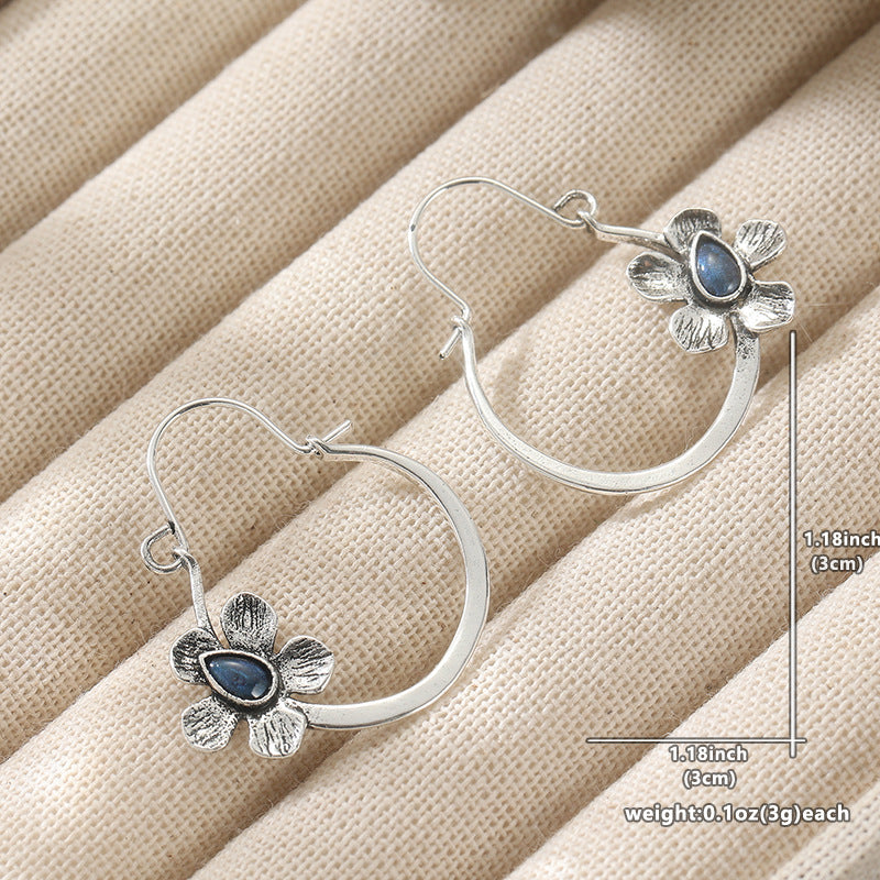 Vintage Boho Flower Hoop Earrings with Blue Stone