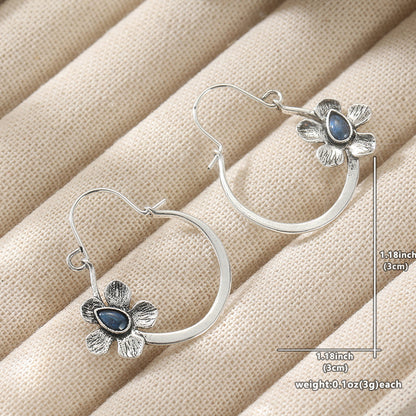 Vintage Boho Flower Hoop Earrings with Blue Stone