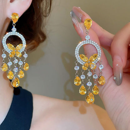 Zircon Round Butterfly Tassel Earrings